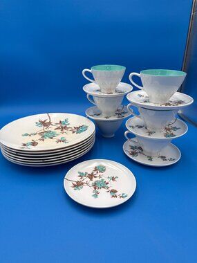 Vintage Melmac Beverly Floral Tea Cups Saucers Plates White Blue Flowers Set 19